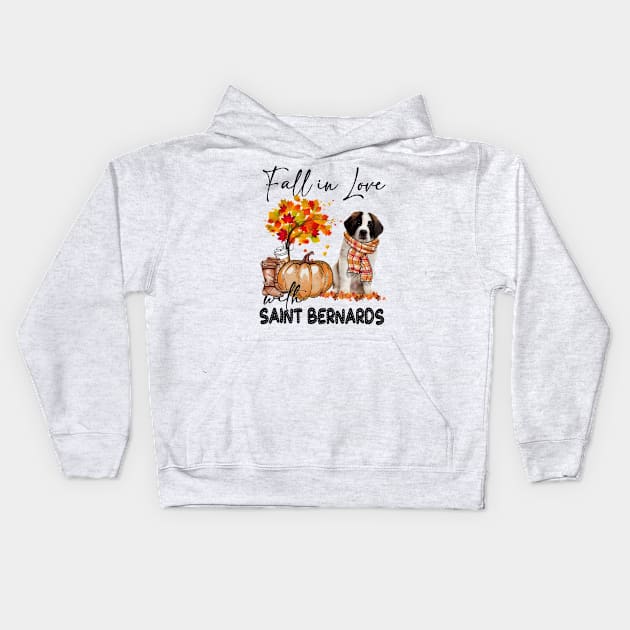 Fall In Love With Saint Bernards Fall Pumpkin Thanksgiving Kids Hoodie by Red and Black Floral